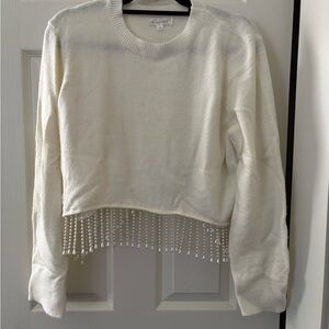 Anthropologie Cream Sweater with Beaded Fringe